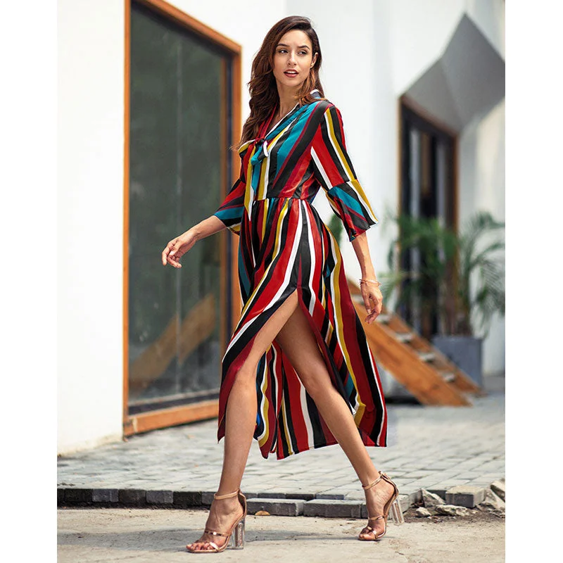 Rainbow Striped Bow Long Dress Women Fashion Split Hem Slim A-line Dresses Spring Autumn Ladies Elegant Party Dress High Quality Tunics Solid Classic