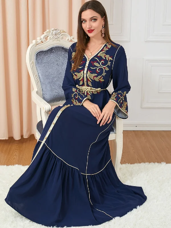 Ramadan Morocco Dress Women Muslim Abaya Fashion Dubai Abayas Embroidery Belted Kaftan Elegant Party Dresses Vestidos Spring Crew Neckline Sporty