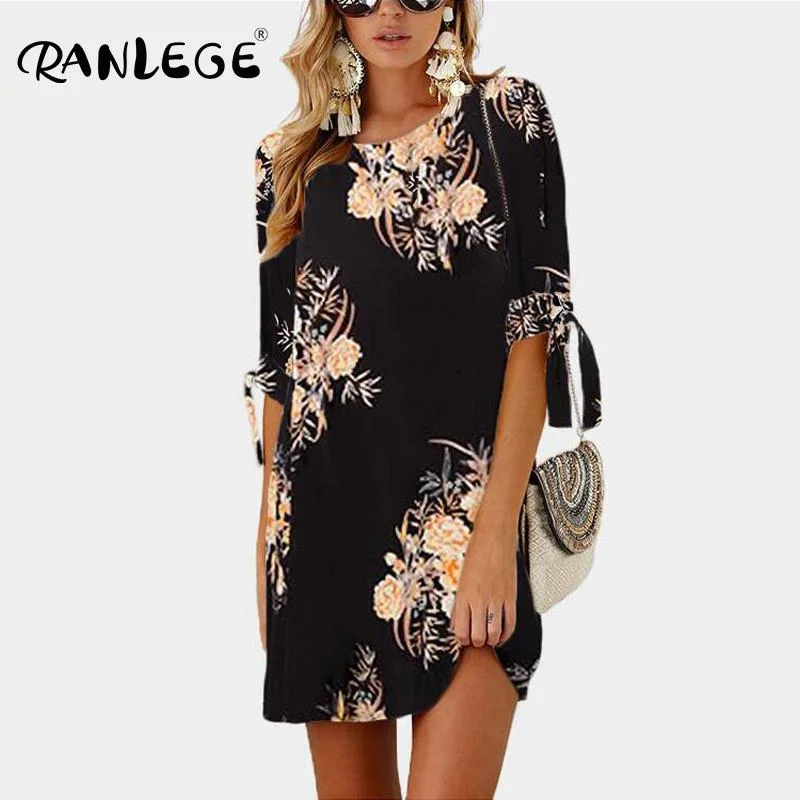 RANLEGE 2020 Women Summer Dress Boho Style Floral Print Chiffon Beach Dress Tunic Sundress Loose Mini Party Dress Vestidos 5XL High-Low Hemline Casual