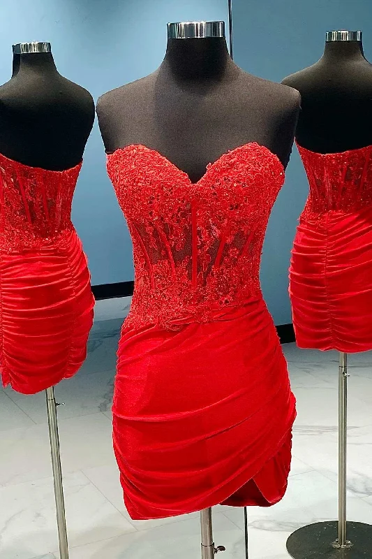 Red Lace Strapless Bodycon Mini Party Dress Peplum Ruffle Cocktail