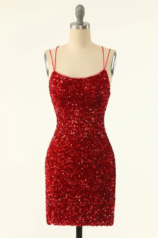 Red Sequin Bodycon Mini Party Dress with Double Straps Chiffon Maxi Beach