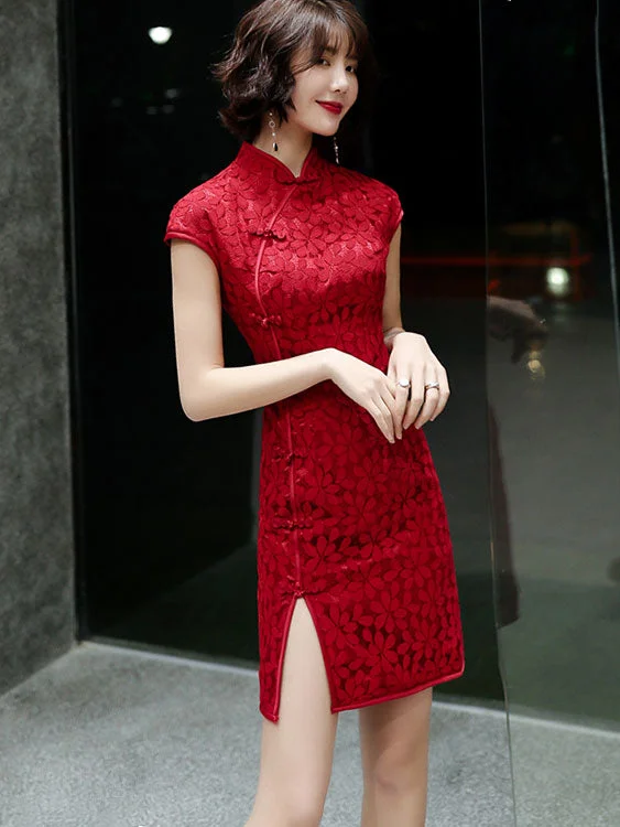 Red White Lace Short Qipao Cheongsam Party Dress Cowl Neckline Elegant