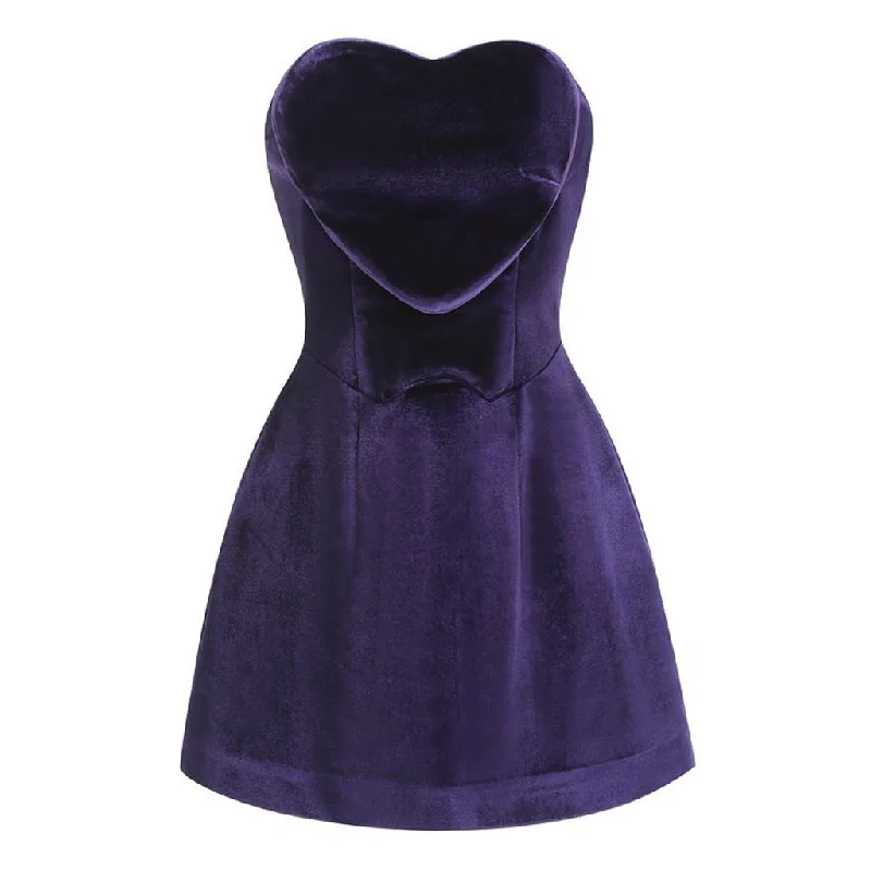 Romantic Embellished Heart Strapless Drop Waist Velvet Mini Party Dress Cowl Neckline Elegant