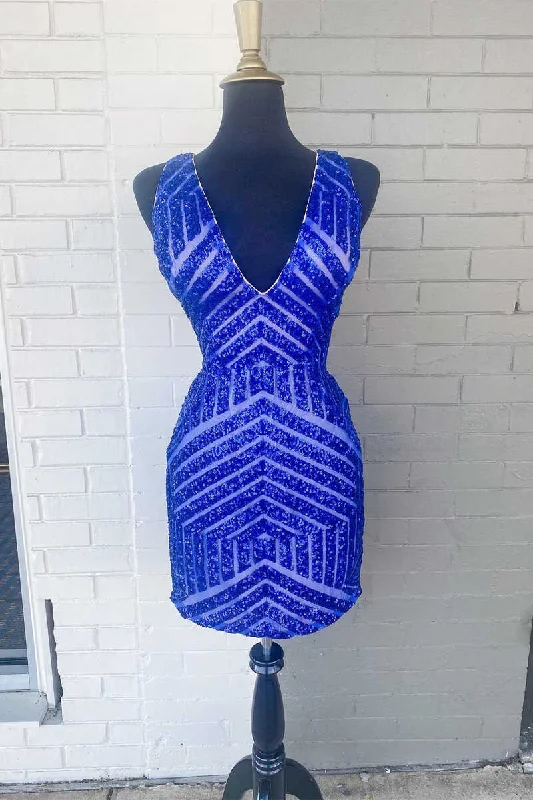 Royal Blue Sequin Plunge Neck Short Party Dress Tunics Trendy modern