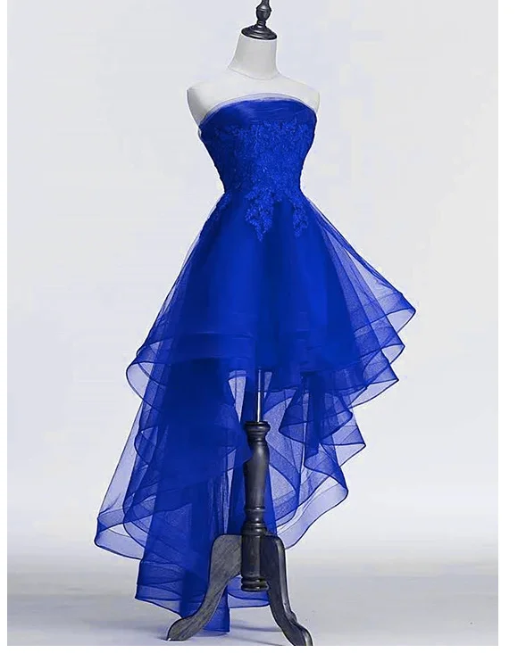 Royal Blue Tulle with Lace Applique High Low Party Dress, Blue Homecoming Dress Y671 Pleated Skirt Elegant