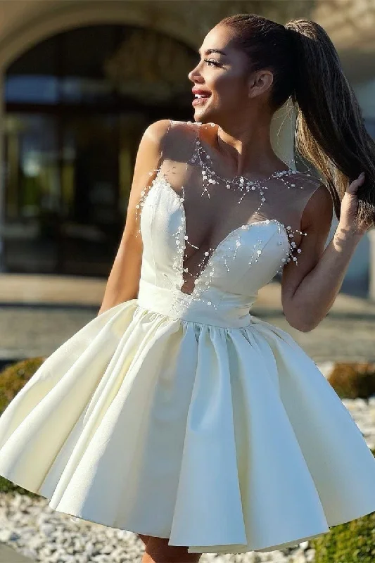 Sexy Ivory A-line Satin Party Dress with Pearls Mermaid Tail Wedding