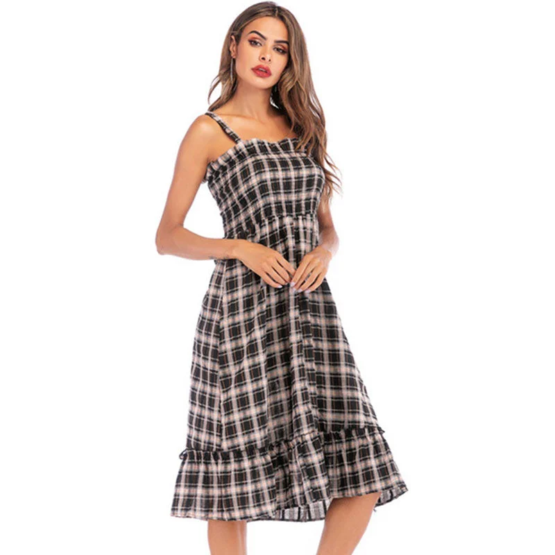 Sexy Plaid Ruffles Strap Dresses Women Casual Sleeveless A-line Summer Long Dress Ladies Fashion Elegant Party Dress Vestidos empire Waist empire