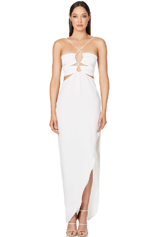 Silky Satin Cross Front Cutout Slit Cocktail Party Dress - White Tunics Denim casual