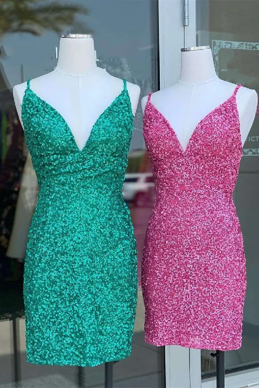 Spaghetti Straps Sequins Mini Bodycon Party Dress Halter Neckline Beach