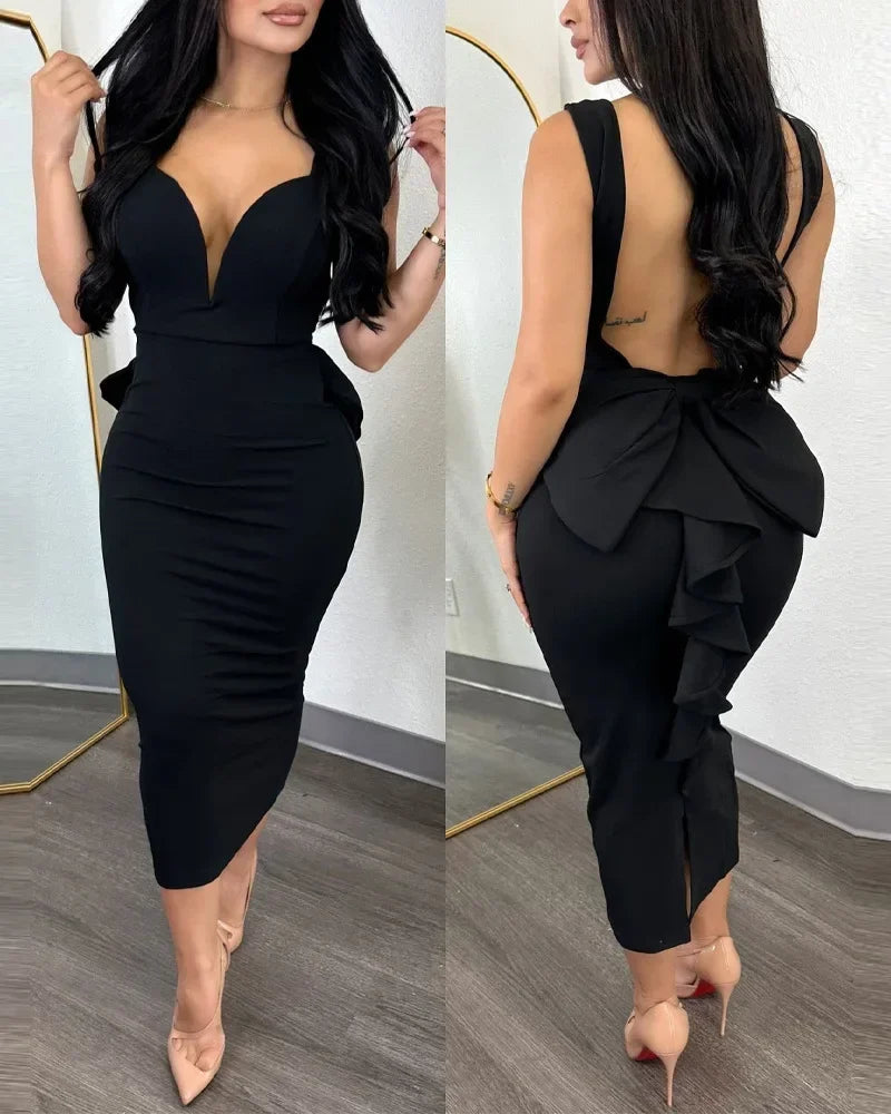 Summer 2024 Vestidos Sexy Party Dresses Women Plunging V-neck Sleeveless Backless Bowknot Ruffles Back Bodycon Midi Dress Tunics Chic elegant