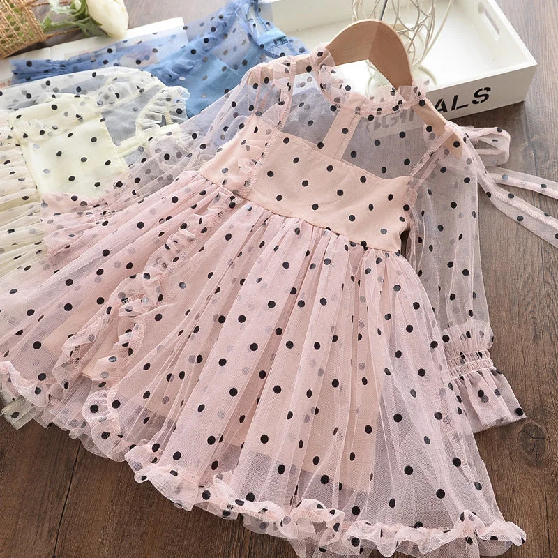 Baby Girl Princess Dress Long Sleeve Polka Dot Girl Dress Birthday Party Dress Glittery Long Formal