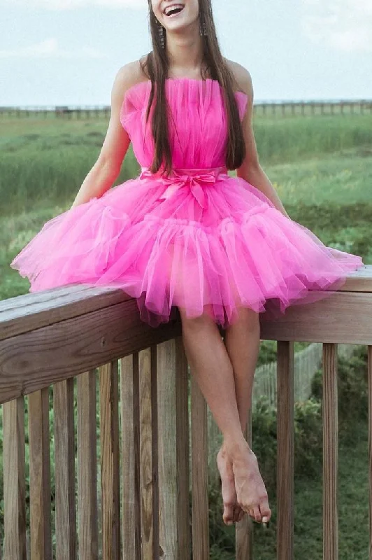 Sweet Hot Pink Strapless A-line Short Party Dress Tunics Mesh breathable