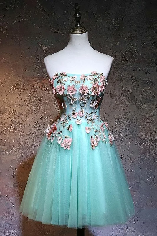 Turquoise Short A-line Flowers Party Dress Tunics Long Elegant