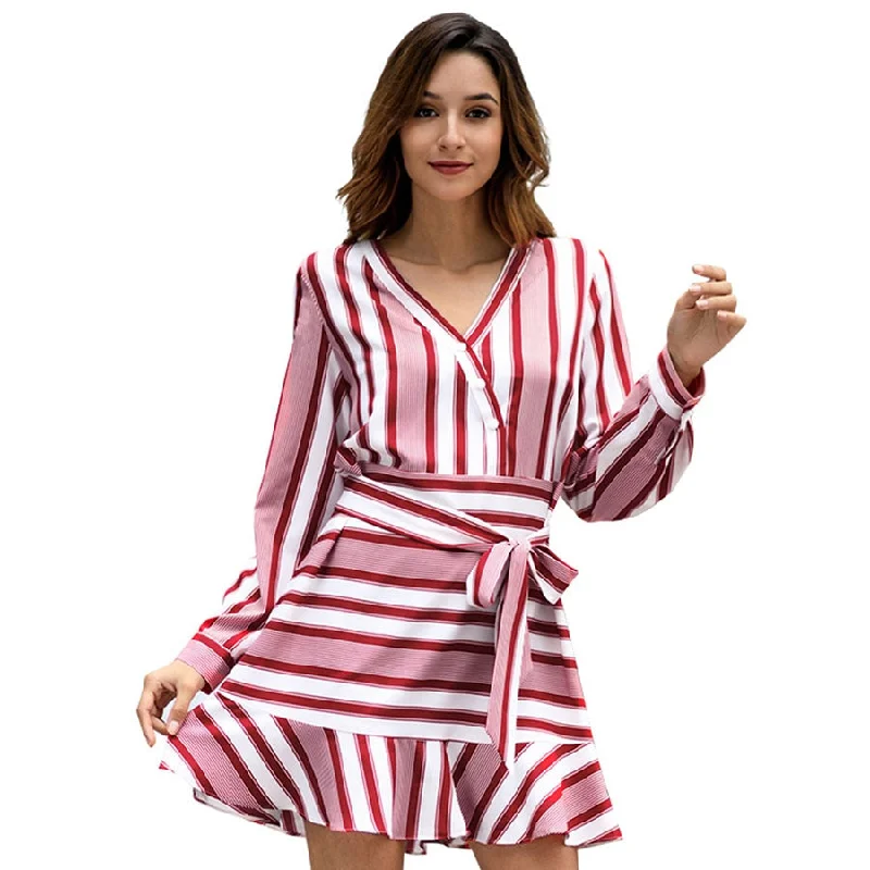 V-neck Lacing Striped Ruffles A-line Dresses Women Casual Long Sleeves Mini Dress Hight Quality Ladies Elegant Party Dress New Tunics Silk luxurious