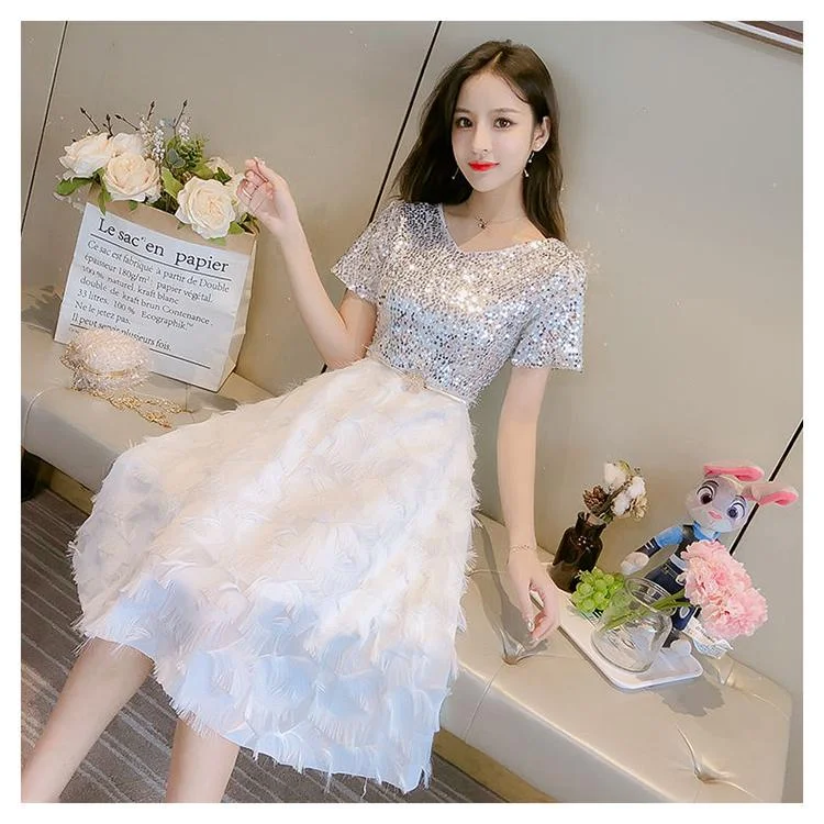 V-neck Short Sleeve Sequined Party Dresses Women Streetwear Midi Dress Female Spring Dress Vestido Tunics Corduroy durable