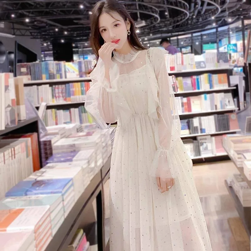 Vintage Mesh White Dress Women Ruffle Long Sleeve Summer Dresses Ladies Elegant Short Party Dresses Boatneck Modish Everyday