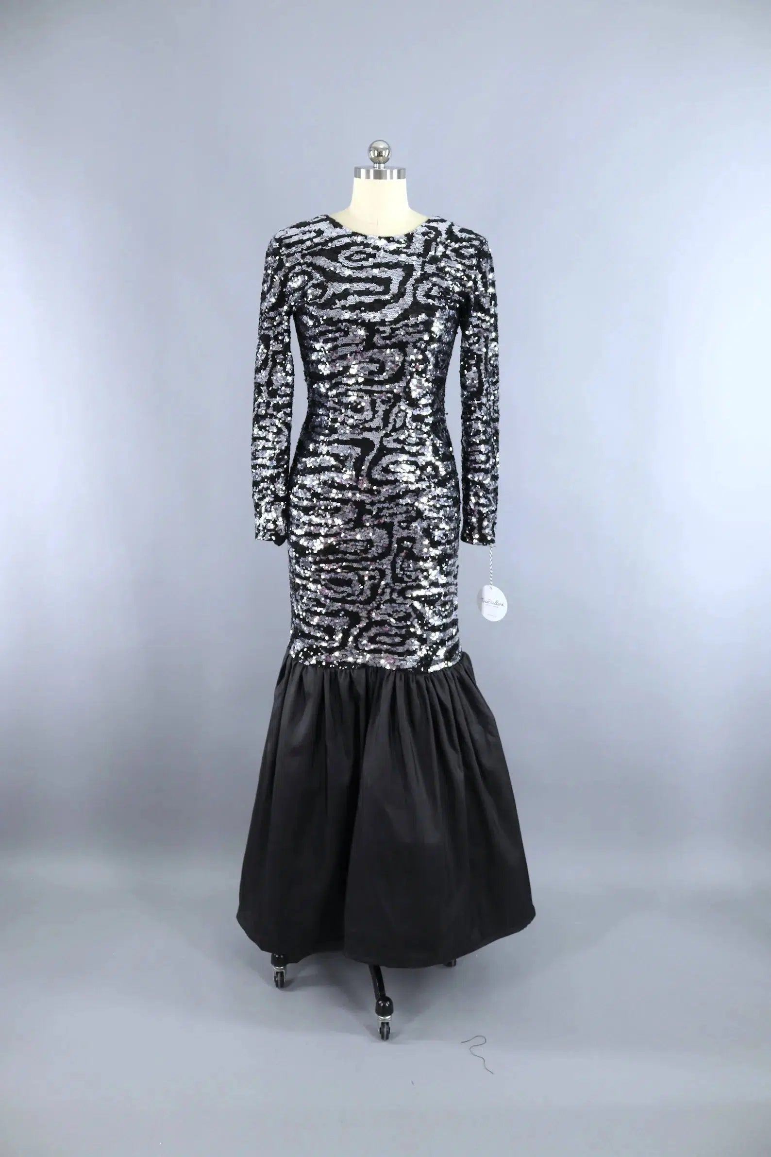 Vintage Sequined Black Evening Gown High-Low Hemline Casual