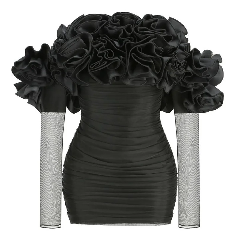 Voluminous Rosette Corsage Off Shoulder Sheer Mesh Ruched Mini Party Dress Tunics stripes playful