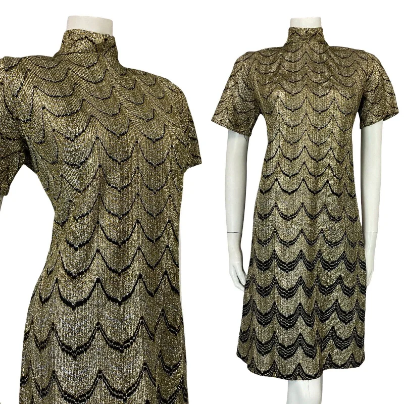 VTG 60S ART DECO MOD GOLD SILVER BLACK SCALLOP LUREX FUNNEL NECK PARTY DRESS 12 Tunics Versatile functional