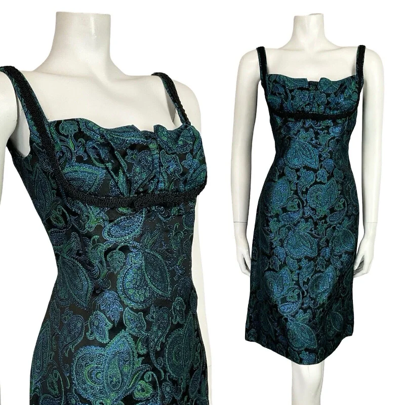 VTG 60S BLACK BLUE GREEN METALLIC PAISLEY FLORAL EMPIRE STRAPPY PARTY DRESS 8 10 Off-the-shoulder Chic Trendy