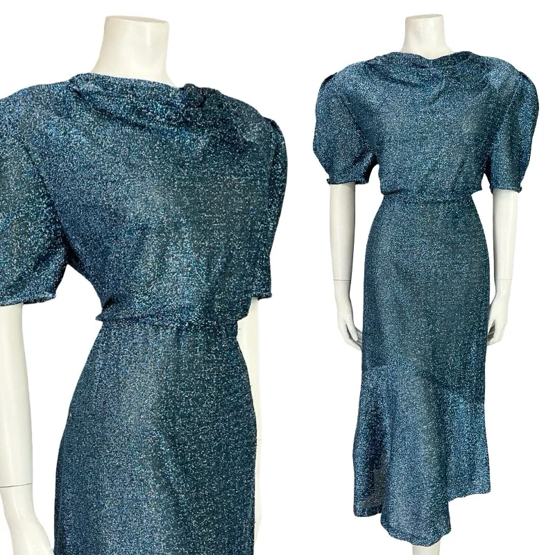 VTG 70S BLUE SPARKLY LUREX SHORT MUTTON SLEEVE COWL NECK MIDI PARTY DRESS 6 Tunics Ceremony elegant