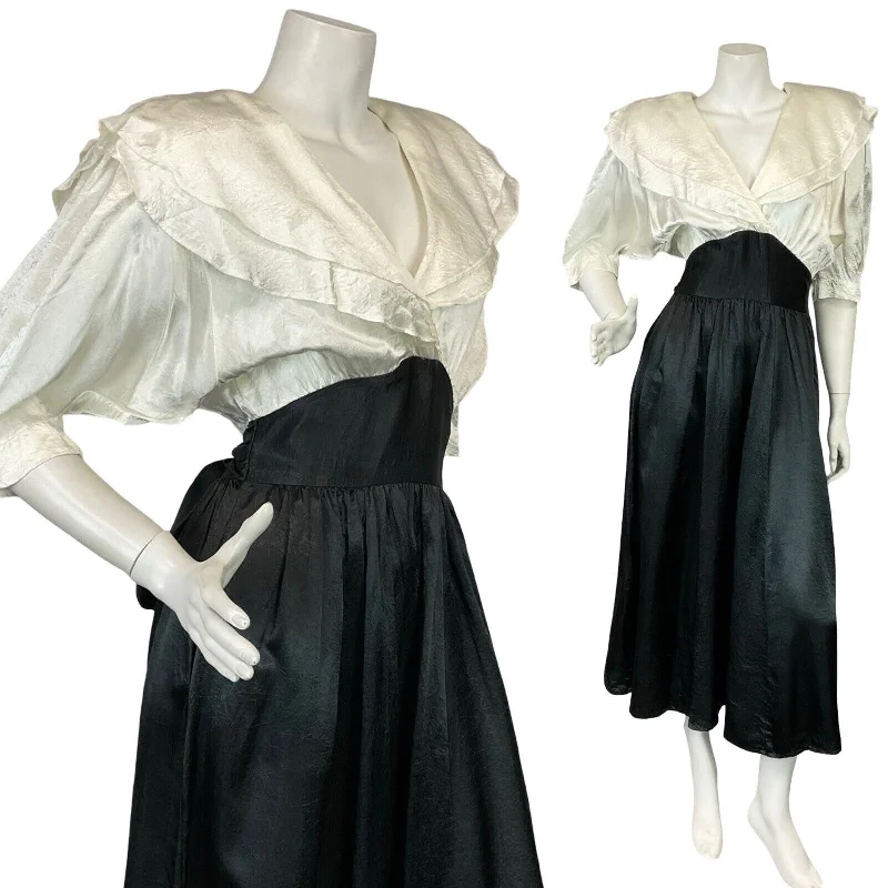 VTG 70S CHOON WHITE BLACK BATWING BERTHA COLLAR TIE WAIST EVENING PARTY DRESS 4 Tunics Prom sequined