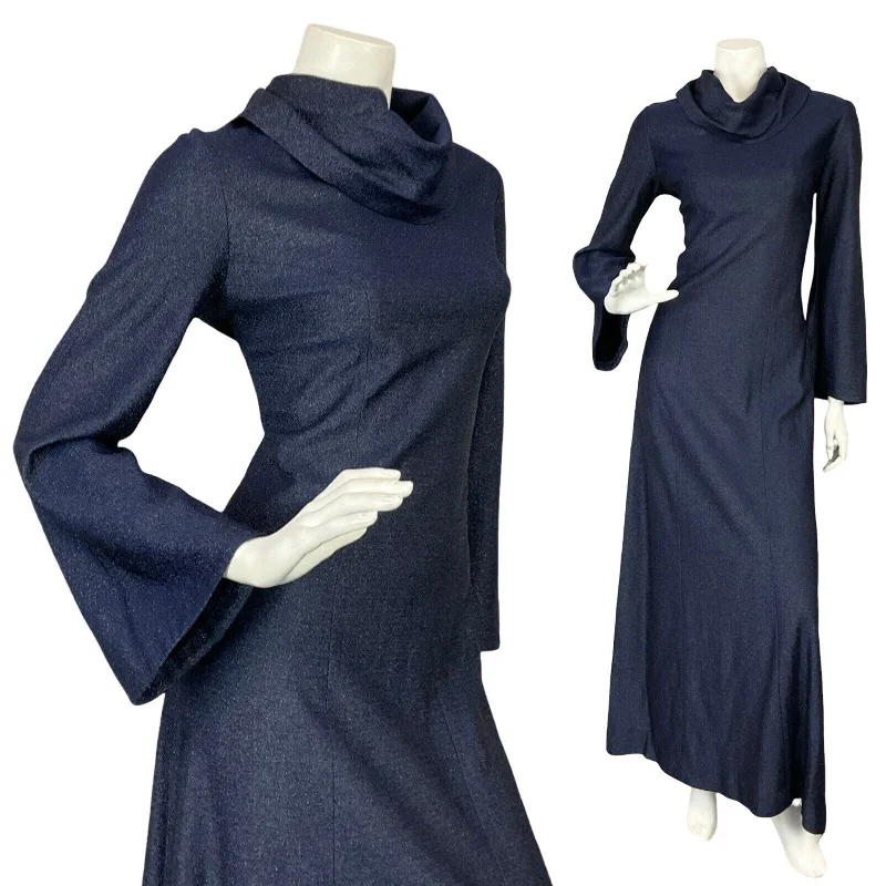 VTG 70S HIPPY DISCO BELL SLEEVE NAVY BLUE LUREX COWL NECK MMAXI PARTY DRESS 10 empire Waist empire