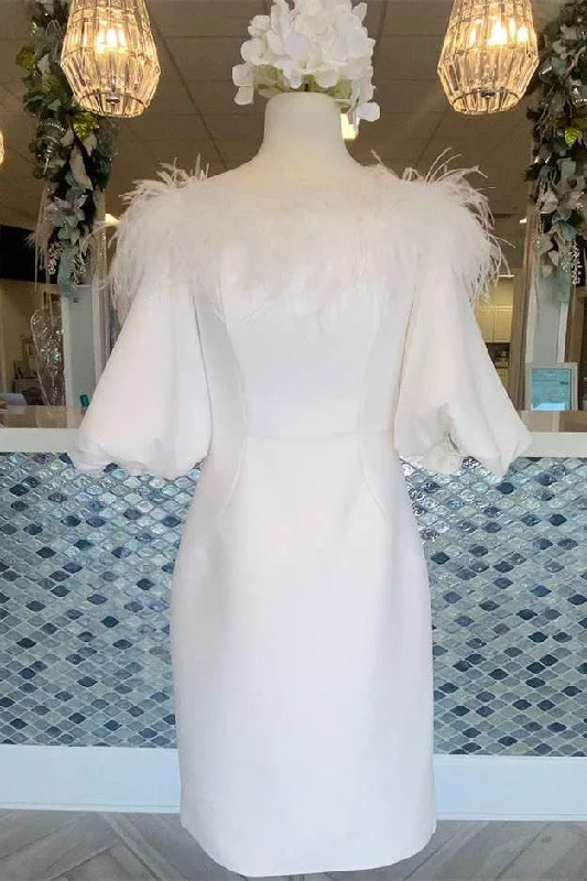 White Off-the-Shoulder Feathers Short Party Dress with Puff Sleeves Tunics Versatile stylish