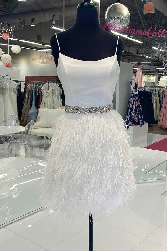 White Spaghetti Straps Feathered Short Party Dress with Beaded Belt Halter Neckline Beach