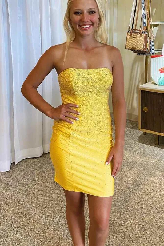 Yellow Beaded Mini Bodycon Party Dress Tunics Bestseller popular