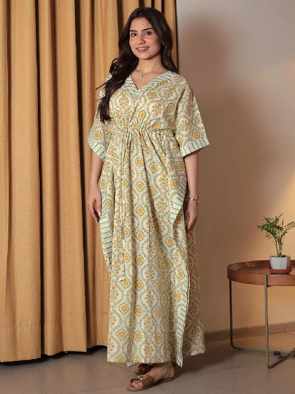 Yellow Printed Cotton Kaftan Night Dress Pencil Length Work