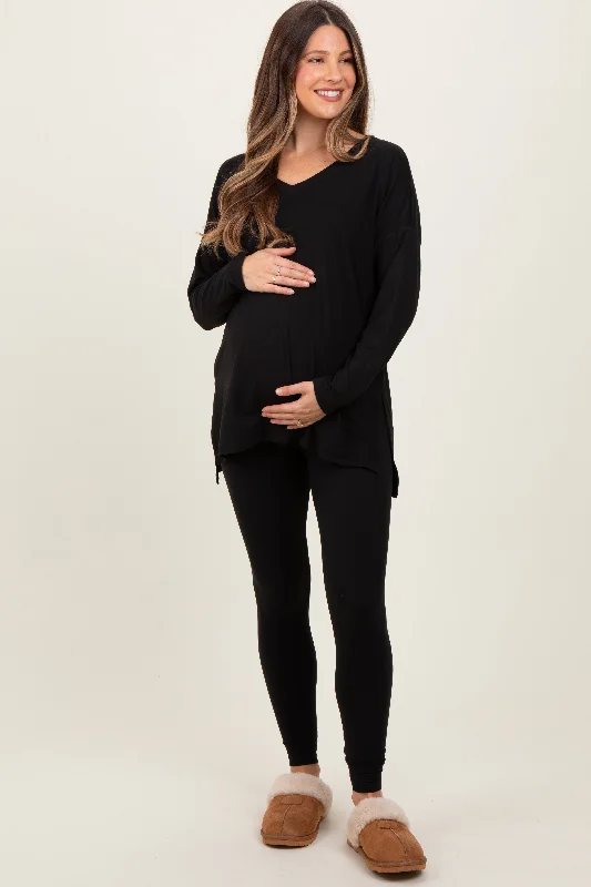 Black Brushed Knit Maternity Oversized Top and Legging Set Fashionable Plus-Size Activewear