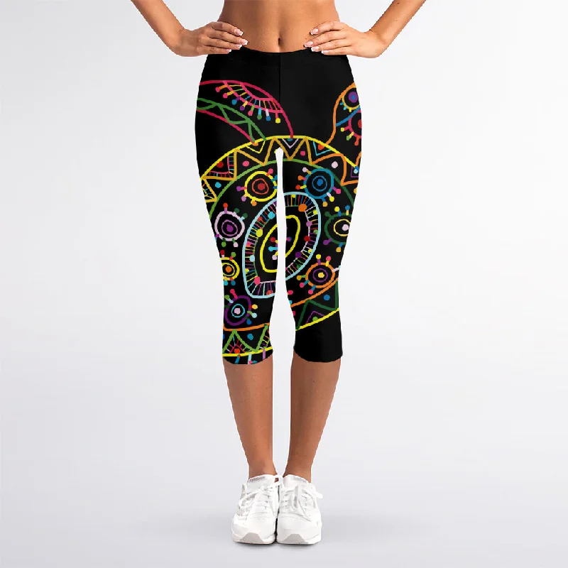 Colorful Sea Turtle Print Women's Capri Leggings Stylish Athletic Wear Leggings