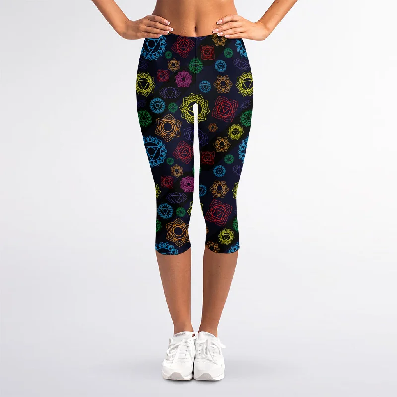 Colorful Seven Chakras Pattern Print Women's Capri Leggings Trendy Black Mesh Leggings