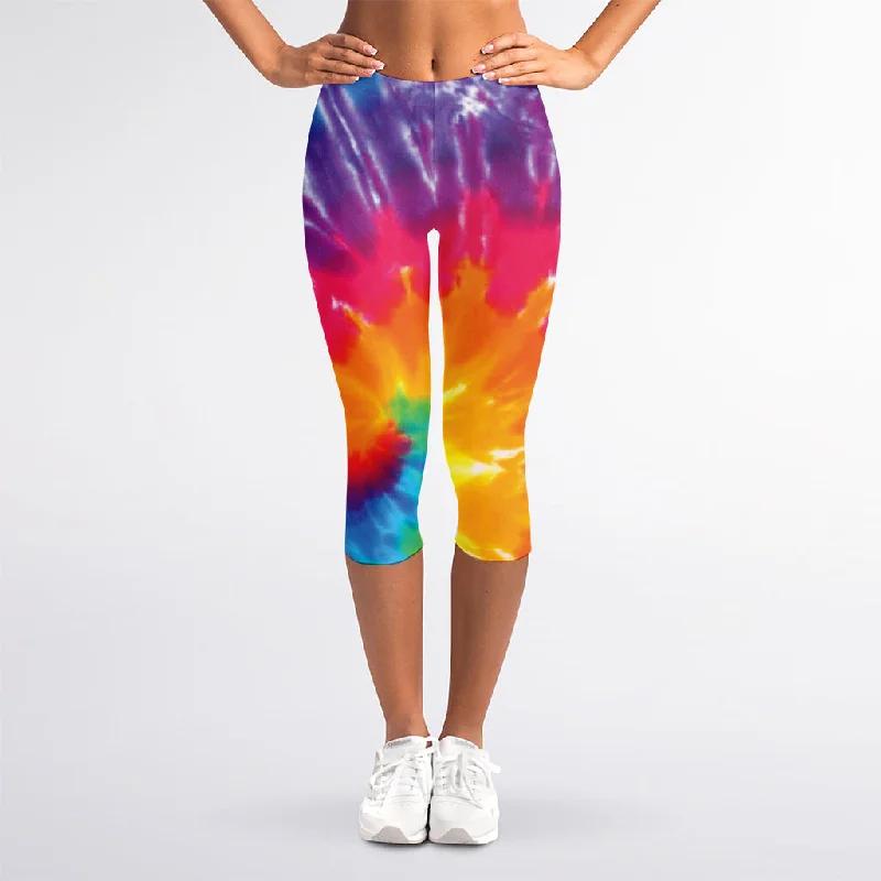 Colorful Spiral Tie Dye Print Women's Capri Leggings Fashionable Smooth Fit Leggings