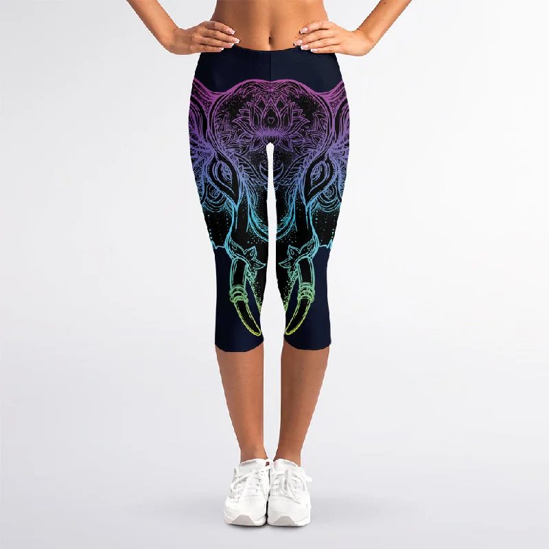 Colorful Spiritual Elephant Print Women's Capri Leggings Trendy Spandex Leggings