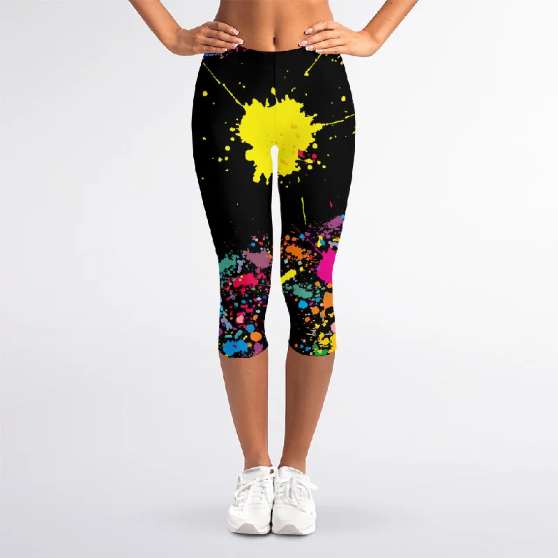 Colorful Splash Yin Yang Print Women's Capri Leggings Trendy High-Waist Tummy Control Leggings