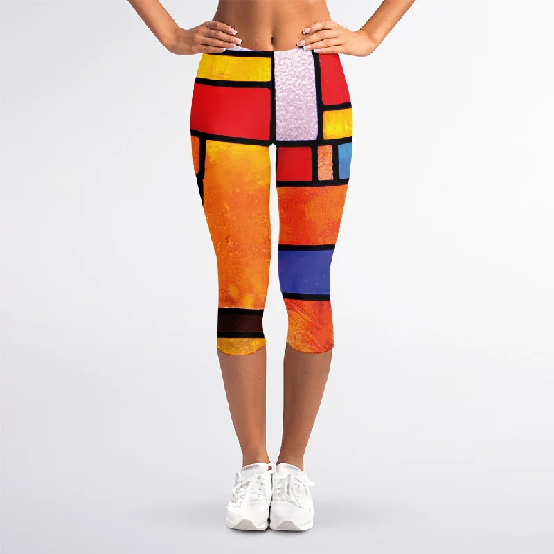 Colorful Stained Glass Mosaic Print Women's Capri Leggings Chic Printed Yoga Pants