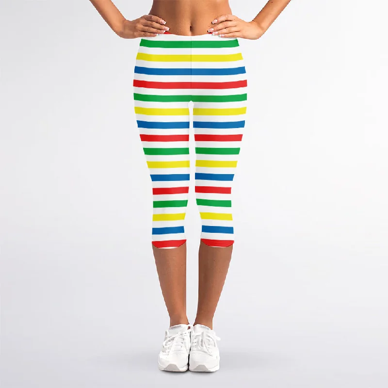 Colorful Striped Pattern Print Women's Capri Leggings Fashionable Solid Color Tights