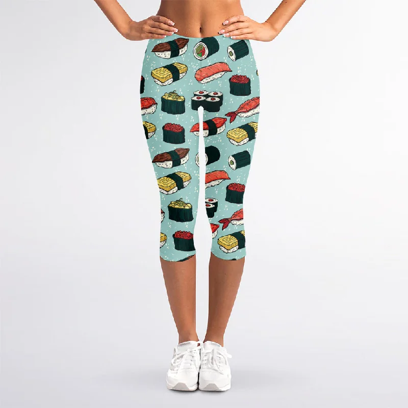 Colorful Sushi And Rolls Pattern Print Women's Capri Leggings Trendy Seamless Fit Leggings