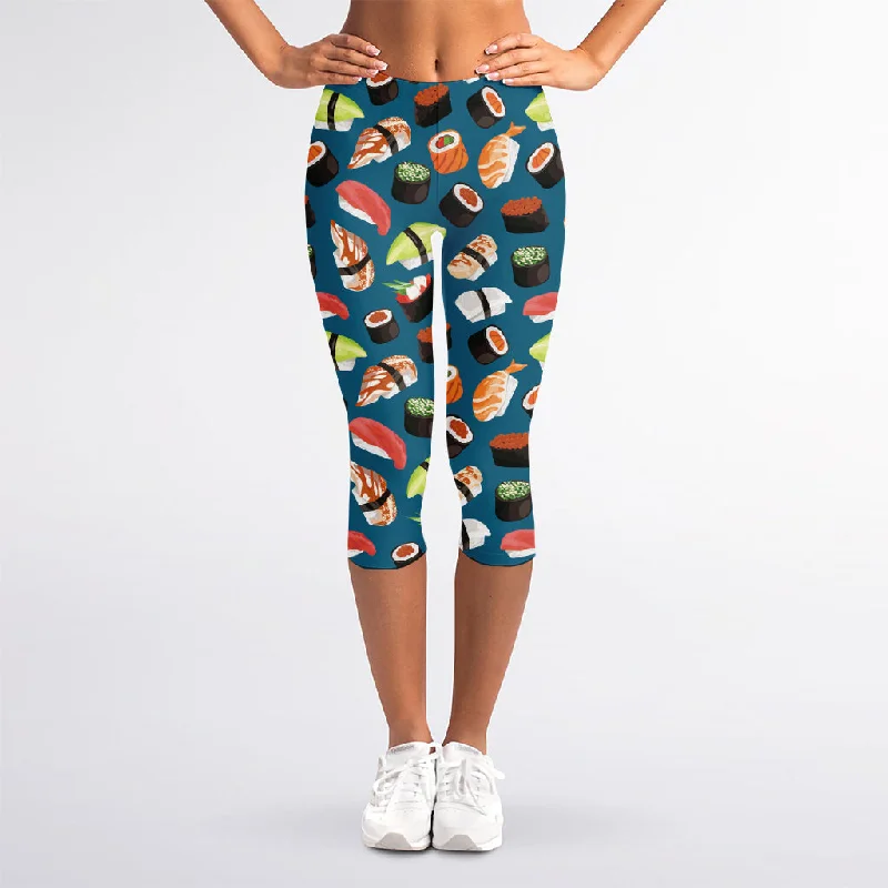 Colorful Sushi Pattern Print Women's Capri Leggings Fashionable Printed Legging Pants