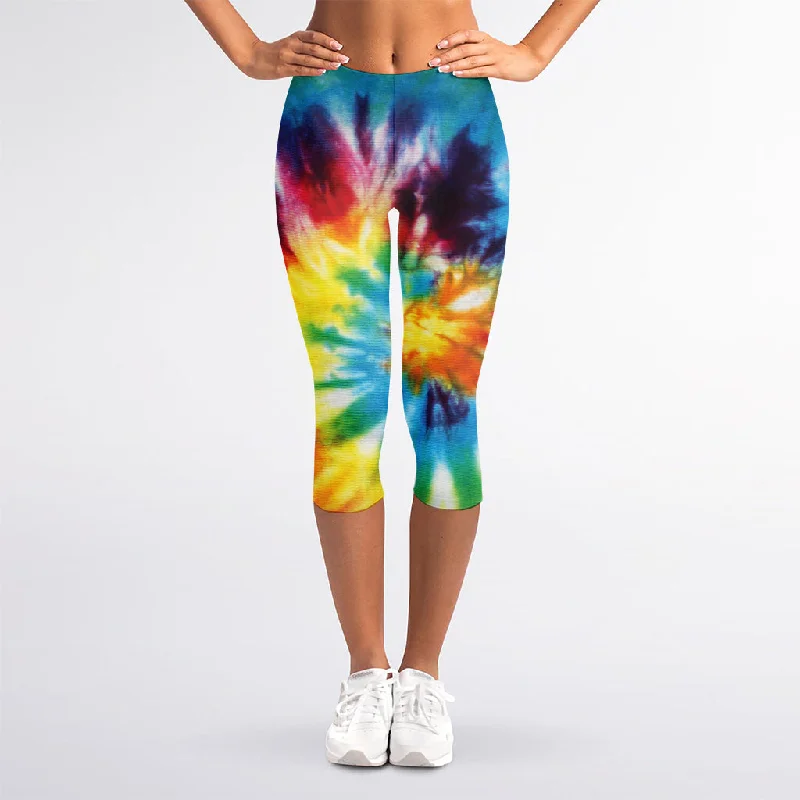 Colorful Tie Dye Print Women's Capri Leggings Elegant Shiny Black Leggings