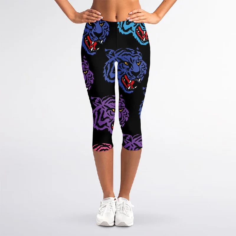 Colorful Tiger Head Pattern Print Women's Capri Leggings Fashionable Sports Leggings