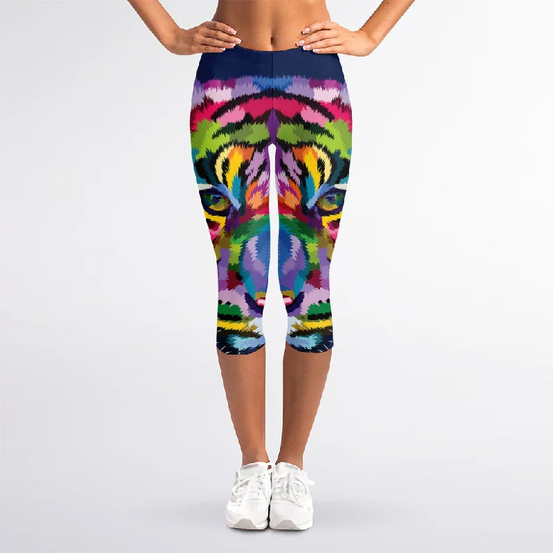 Colorful Tiger Portrait Print Women's Capri Leggings Chic Velvet Soft Leggings