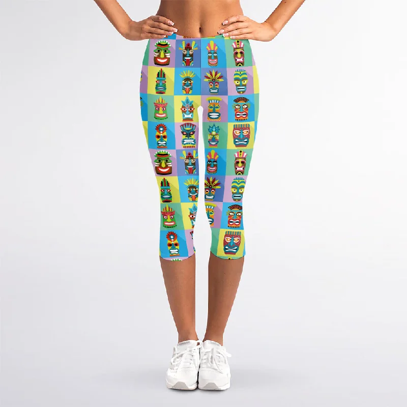 Colorful Tiki Pattern Print Women's Capri Leggings Comfortable Yoga Tights Leggings