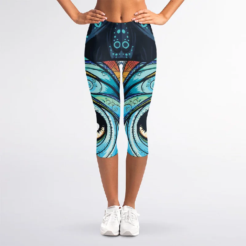 Colorful Tribal Owl Print Women's Capri Leggings Trendy Side-Pocket Leggings