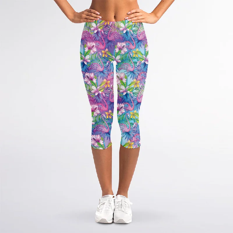 Colorful Tropical Flamingo Print Women's Capri Leggings Stylish Camo Print Leggings