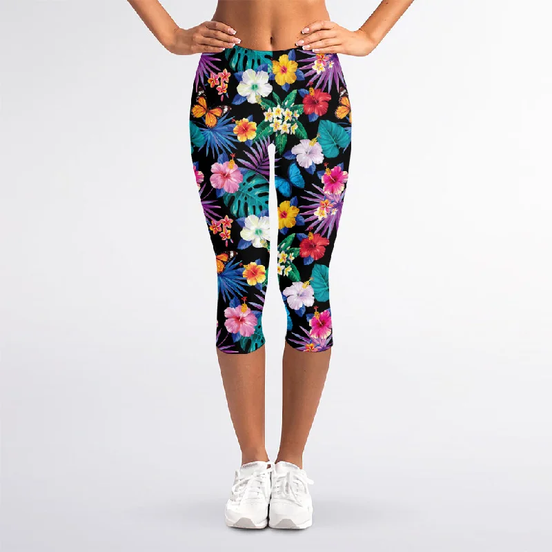 Colorful Tropical Jungle Hawaiian Print Women's Capri Leggings Cozy Full-Length Workout Leggings