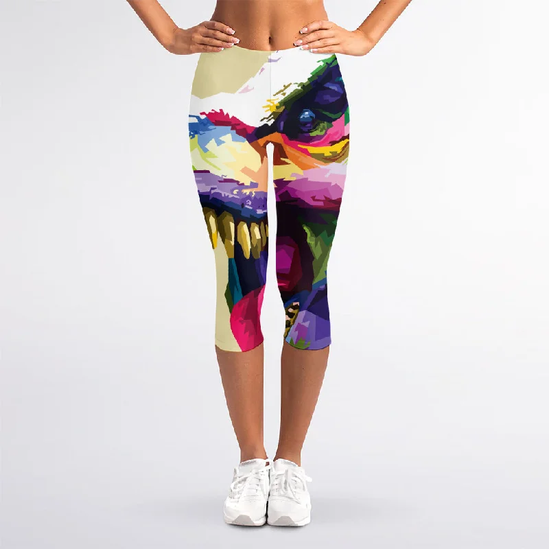 Colorful Tyrannosaurus Rex Print Women's Capri Leggings Trendy Ombre Effect Leggings