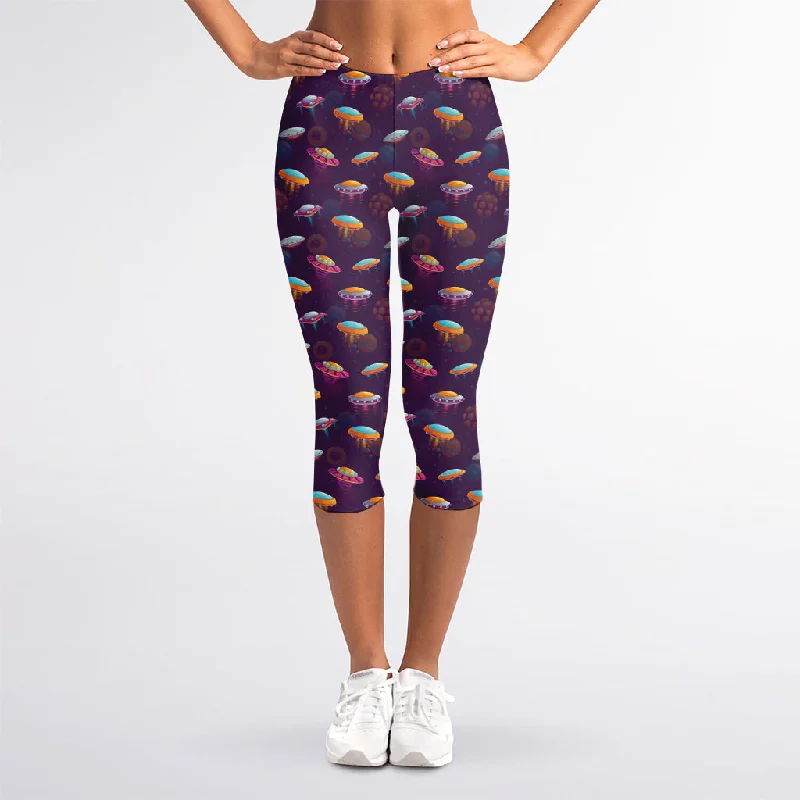 Colorful UFO Pattern Print Women's Capri Leggings Comfortable Lounge Leggings